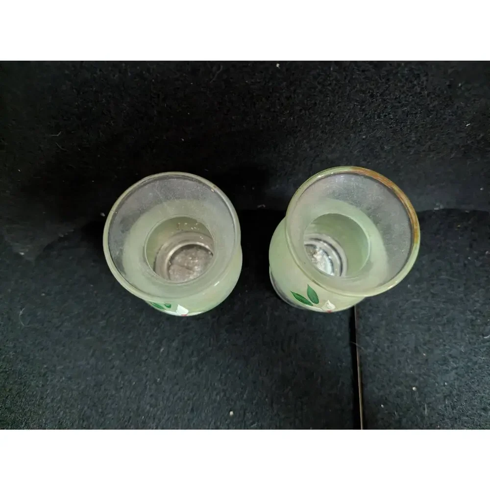 Vintage Frosted Green Hand-Painted Miniature Vases with Silver-Tone Bases - Pair - Picture 3 of 8
